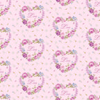 pink background, floral pattern, roses, purple flowers, blue flowers, heart wreaths, love script, romantic motif, shabby chic, vintage style,, fabric panel, tea party theme, delicate florals, pastel colors, repeating pattern, feminine design, cottage core, soft pink, botanical elements