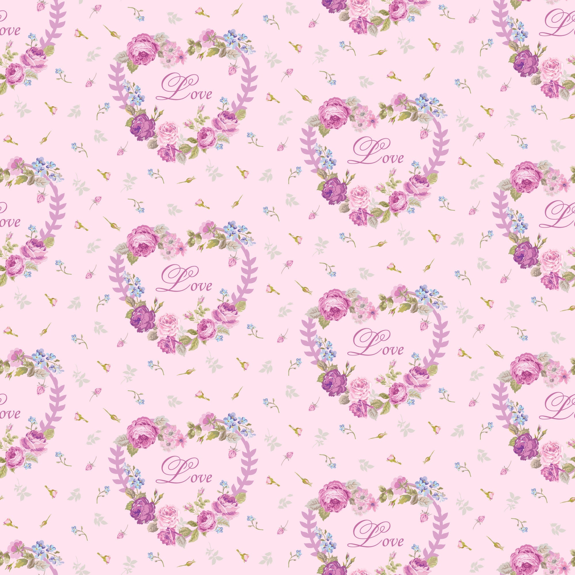 pink background, floral pattern, roses, purple flowers, blue flowers, heart wreaths, love script, romantic motif, shabby chic, vintage style,, fabric panel, tea party theme, delicate florals, pastel colors, repeating pattern, feminine design, cottage core, soft pink, botanical elements