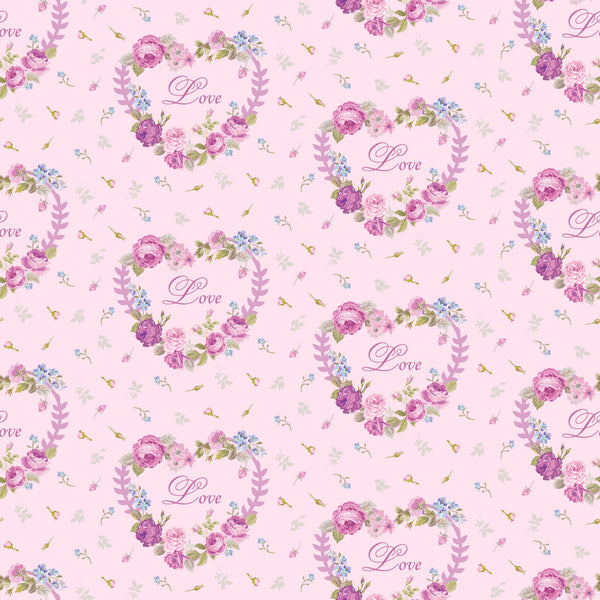 pink background, floral pattern, roses, purple flowers, blue flowers, heart wreaths, love script, romantic motif, shabby chic, vintage style,, fabric panel, tea party theme, delicate florals, pastel colors, repeating pattern, feminine design, cottage core, soft pink, botanical elements