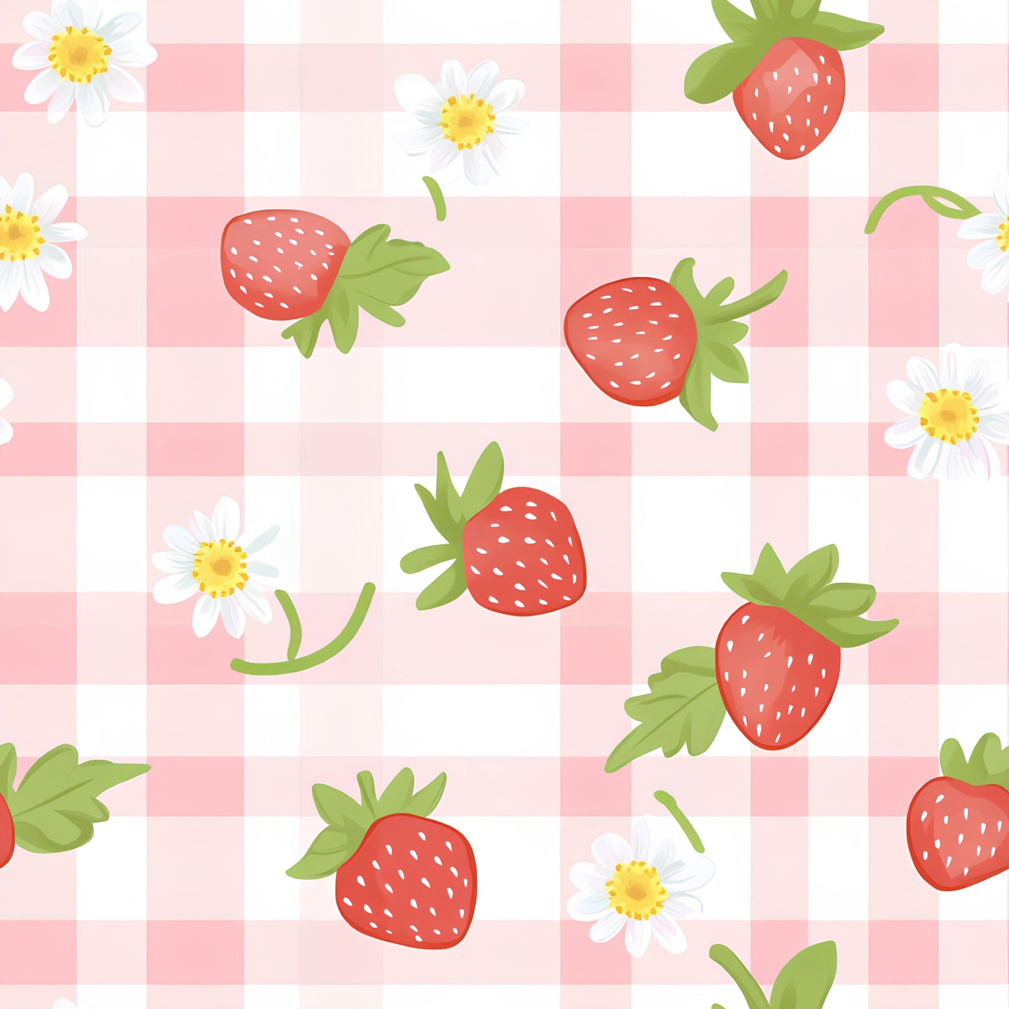 strawberries, white flowers, daisies, pink gingham, checkered pattern, red berries, green leaves, yellow centers, pastel pink,, fabric panel, fruit motifs, floral design, cottage core, spring theme, botanical elements, sweet pattern, coordinating prints