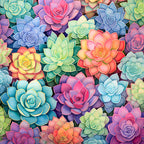 colorful succulents, pastel rainbow, coral pink, sage green, periwinkle blue, lavender purple, turquoise, soft yellow, floral pattern, botanical, nature, whimsical, modern, vibrant, succulent plants, rosette flowers, layered petals, garden themed, spring, summer, playroom, kids room, nursey decor, artistic, cheerful, bright colors, multi-colored, hand-painted style