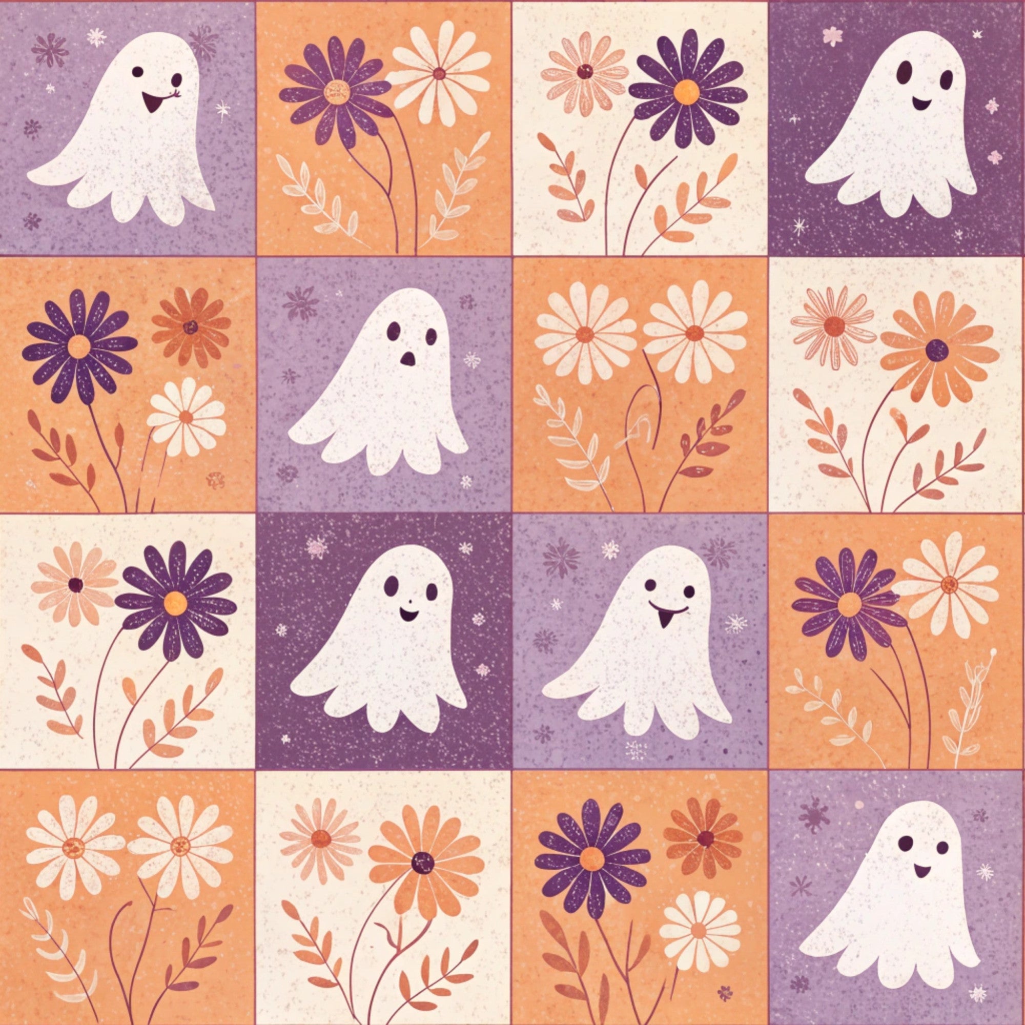 purple, orange, cream, beige, retro ghosts, friendly ghosts, daisy flowers, floral motifs, halloween theme, quilting panel, cotton fabric, checkered squares, vintage style, autumn colors, spooky cute, seasonal pattern, craft fabric, patchwork design, cheerful ghosts, botanical elements