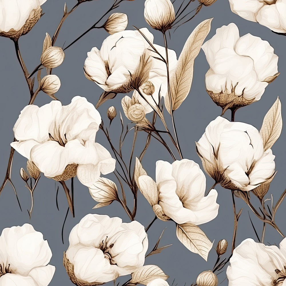 cream floral, white flowers, slate blue background, dusty blue, botanical print, cotton bolls, vintage floral, elegant florals, nature inspired, romantic, traditional, timeless, neutral palette, soft aesthetic, delicate flowers, botanical illustration, classic floral, buds and blooms, detailed florals, cottage core, farmhouse style, nursery decor, baby shower, calming design, peaceful, graceful, botanical garden, heirloom style
