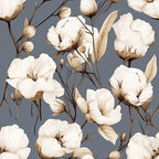 cream floral, white flowers, slate blue background, dusty blue, botanical print, cotton bolls, vintage floral, elegant florals, nature inspired, romantic, traditional, timeless, neutral palette, soft aesthetic, delicate flowers, botanical illustration, classic floral, buds and blooms, detailed florals, cottage core, farmhouse style, nursery decor, baby shower, calming design, peaceful, graceful, botanical garden, heirloom style