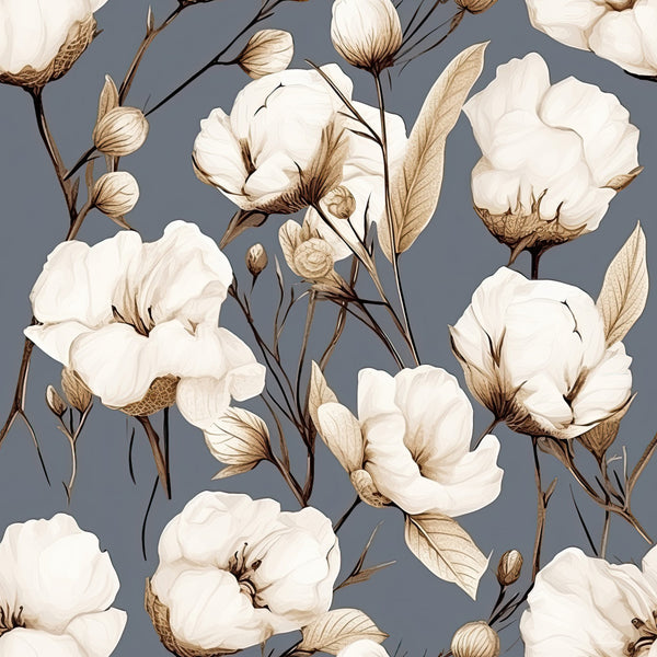 cream floral, white flowers, slate blue background, dusty blue, botanical print, cotton bolls, vintage floral, elegant florals, nature inspired, romantic, traditional, timeless, neutral palette, soft aesthetic, delicate flowers, botanical illustration, classic floral, buds and blooms, detailed florals, cottage core, farmhouse style, nursery decor, baby shower, calming design, peaceful, graceful, botanical garden, heirloom style