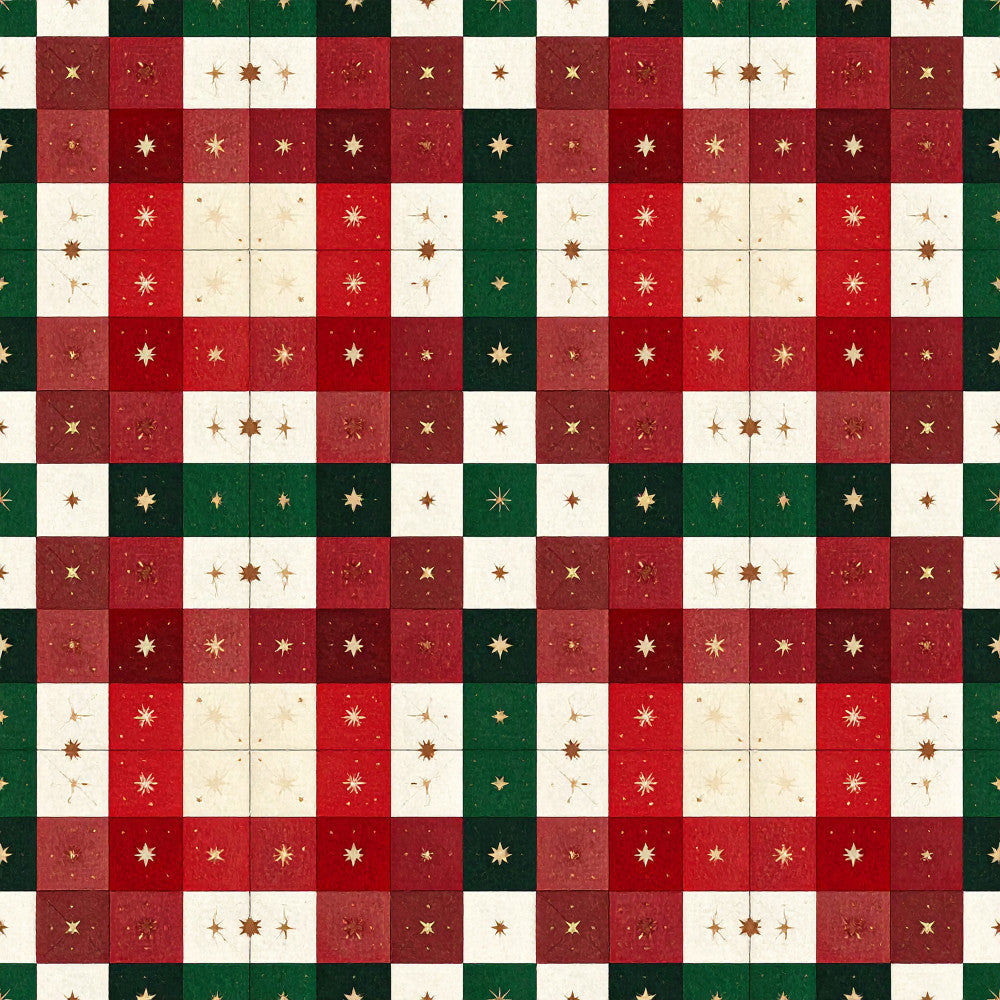 forest green, cream, red, burgundy, gold stars, metallic accents, geometric, checkered, plaid, holiday, christmas, festive, traditional, elegant, celestial, winter, stars motif, classic, vintage-inspired, seasonal, red and green, cream and gold, decorative stars, timeless, formal, sophisticated, holiday décor, festive pattern