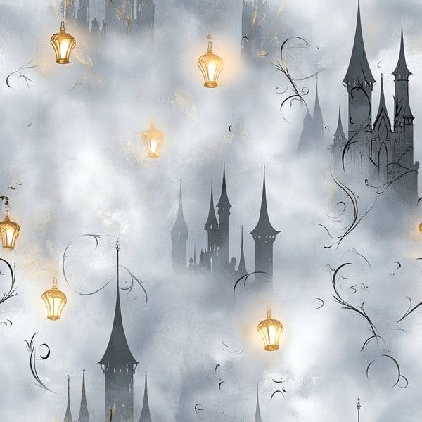 castle, fairy tale, fantasy, enchanted, cloud, lantern, golden yellow, soft gray, silver, white, ornate, magical, whimsical, elegant, dreamy, gothic, storybook, moonlight, celestial, night sky, towers, spires, flourish, swirls, decorative, nursery, baby blanket, plush throw, fantasy themed, princess