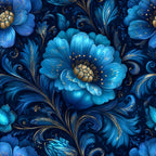 navy blue, royal blue, turquoise, gold accents, ornamental flowers, decorative scrollwork, baroque style, floral motifs, swirling vines, layered petals, intricate details, luxurious pattern, elegant design,, fabric panel, deep blue background, metallic highlights, vintage inspired, ornate florals, rich colors