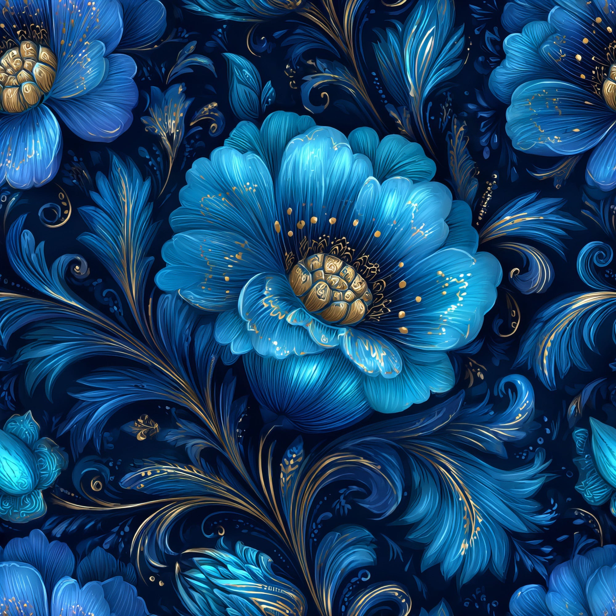 navy blue, royal blue, turquoise, gold accents, ornamental flowers, decorative scrollwork, baroque style, floral motifs, swirling vines, layered petals, intricate details, luxurious pattern, elegant design,, fabric panel, deep blue background, metallic highlights, vintage inspired, ornate florals, rich colors