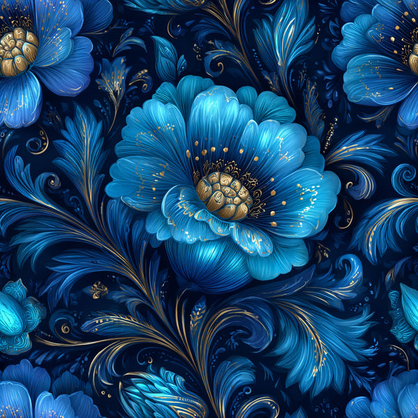 navy blue, royal blue, turquoise, gold accents, ornamental flowers, decorative scrollwork, baroque style, floral motifs, swirling vines, layered petals, intricate details, luxurious pattern, elegant design,, fabric panel, deep blue background, metallic highlights, vintage inspired, ornate florals, rich colors