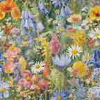 wildflowers, botanical illustration, meadow flowers, daisies, bellflowers, watercolor style, pink blooms, blue petals, yellow centers, orange flowers, purple blossoms, white daisies, green foliage, nature pattern, floral design,, fabric panel, spring flowers, garden blooms, realistic florals