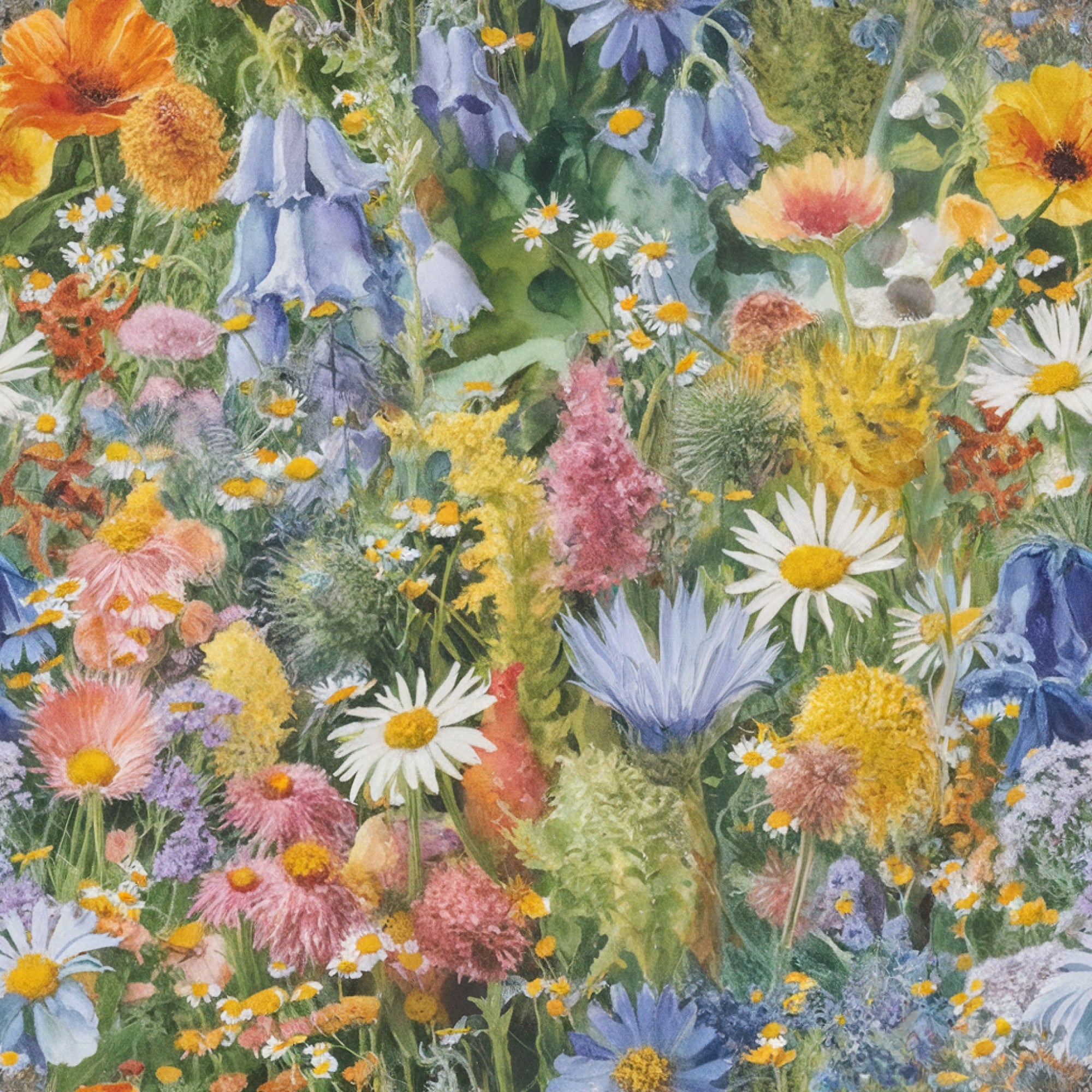 wildflowers, botanical illustration, meadow flowers, daisies, bellflowers, watercolor style, pink blooms, blue petals, yellow centers, orange flowers, purple blossoms, white daisies, green foliage, nature pattern, floral design,, fabric panel, spring flowers, garden blooms, realistic florals