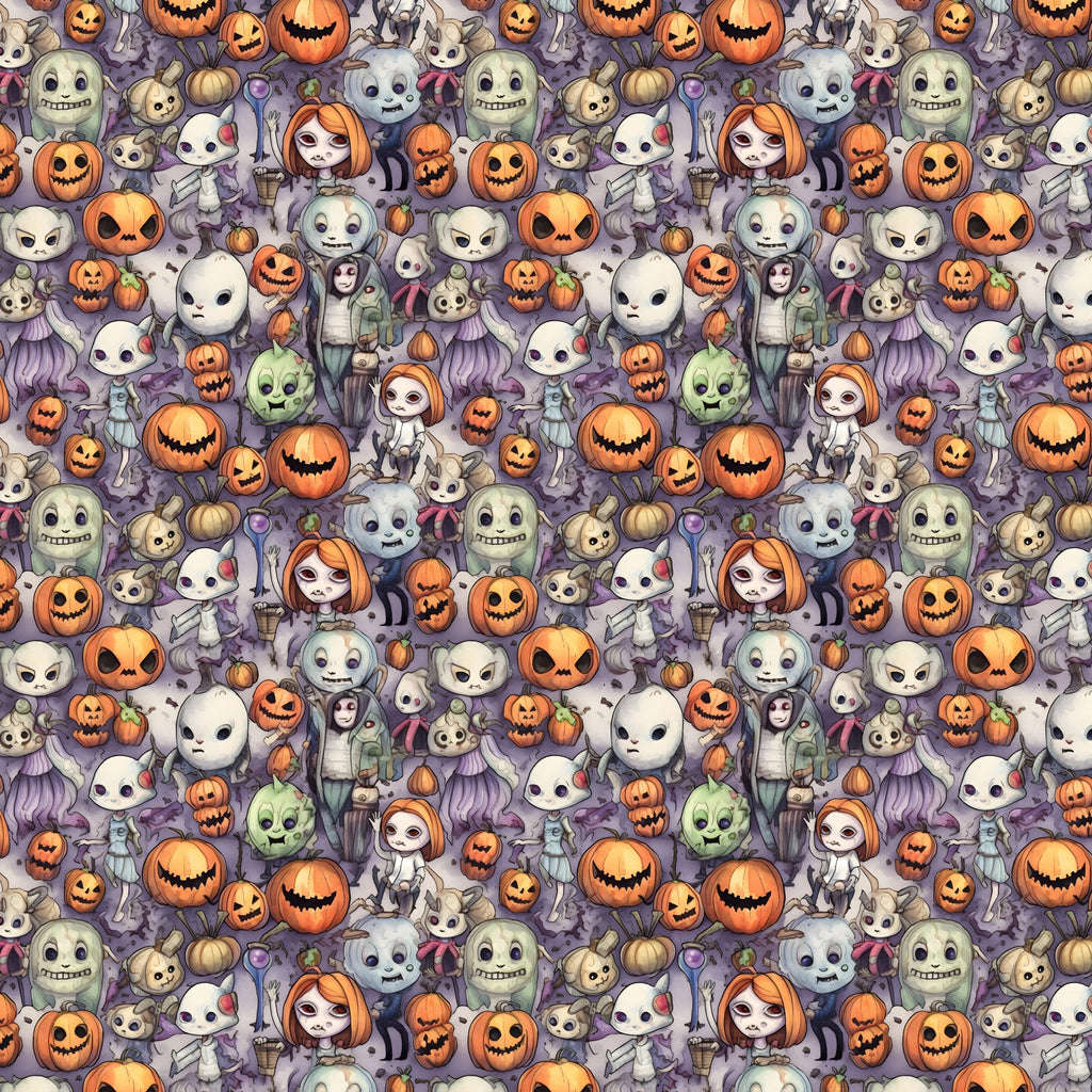 cartoon halloween, horror characters, jack-o-lanterns, pumpkins, ghosts, skeletons, witches, zombies, orange, purple, white, green, spooky faces, cute gothic, repeating pattern,, fabric panel, halloween motifs, seasonal design, horror theme