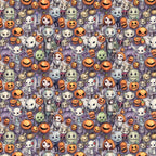cartoon halloween, horror characters, jack-o-lanterns, pumpkins, ghosts, skeletons, witches, zombies, orange, purple, white, green, spooky faces, cute gothic, repeating pattern,, fabric panel, halloween motifs, seasonal design, horror theme