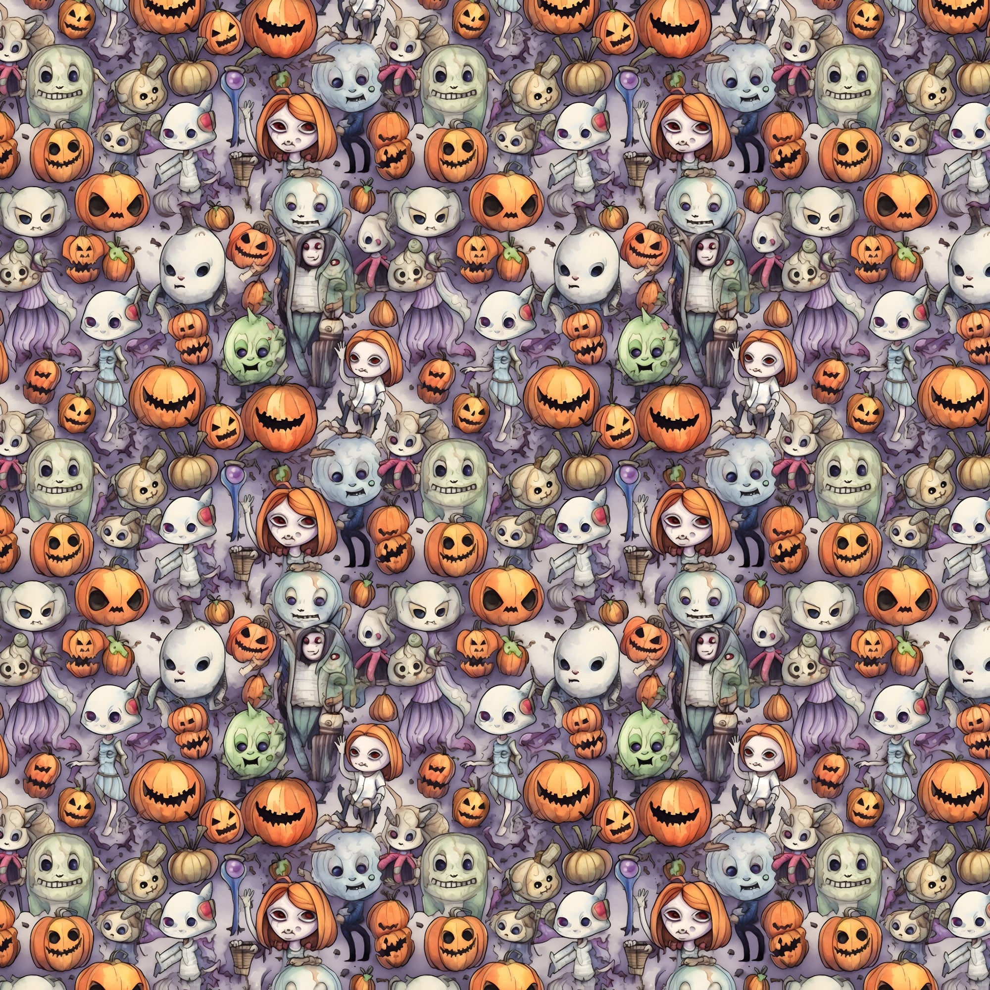 cartoon halloween, horror characters, jack-o-lanterns, pumpkins, ghosts, skeletons, witches, zombies, orange, purple, white, green, spooky faces, cute gothic, repeating pattern,, fabric panel, halloween motifs, seasonal design, horror theme