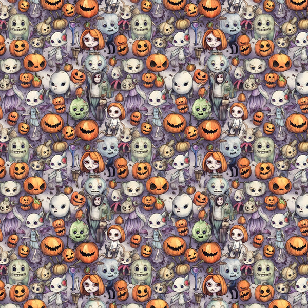 cartoon halloween, horror characters, jack-o-lanterns, pumpkins, ghosts, skeletons, witches, zombies, orange, purple, white, green, spooky faces, cute gothic, repeating pattern,, fabric panel, halloween motifs, seasonal design, horror theme