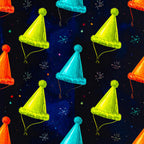 bright yellow, neon lime green, cyan blue, turquoise, coral orange, red-orange, deep navy, black background, party hats, festive, celebration, confetti, snowflakes, whimsical, playful, modern, fun, colorful, kids, children's, birthday, holiday, new year's eve, winter, cheerful, vibrant, gender neutral, playroom, nursery