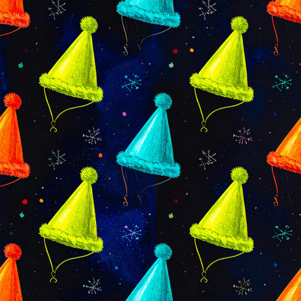 bright yellow, neon lime green, cyan blue, turquoise, coral orange, red-orange, deep navy, black background, party hats, festive, celebration, confetti, snowflakes, whimsical, playful, modern, fun, colorful, kids, children's, birthday, holiday, new year's eve, winter, cheerful, vibrant, gender neutral, playroom, nursery