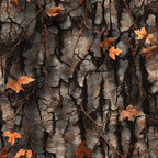 tree bark, autumn leaves, orange, brown, gray, charcoal, realistic texture, nature pattern, hunting camo, camouflage,, fabric panel, outdoor theme, woodland design, bark texture, fall colors, natural camouflage, hunting motif, rustic pattern, forest scene