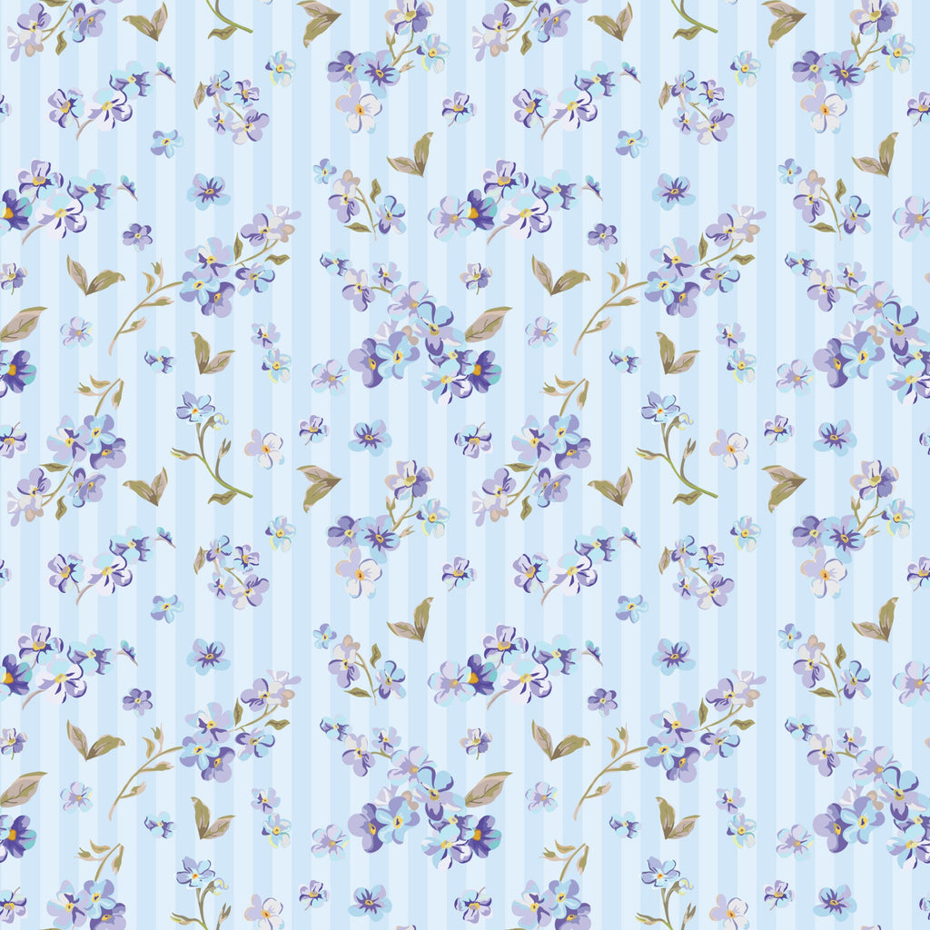 light blue, lavender, purple flowers, golden leaves, floral pattern, small blooms, delicate petals, watercolor style, botanical design, repeating motif, soft pastels, vintage florals,, fabric panel, spring garden, feminine design, scattered flowers, nature inspired, crafting material