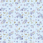light blue, lavender, purple flowers, golden leaves, floral pattern, small blooms, delicate petals, watercolor style, botanical design, repeating motif, soft pastels, vintage florals,, fabric panel, spring garden, feminine design, scattered flowers, nature inspired, crafting material