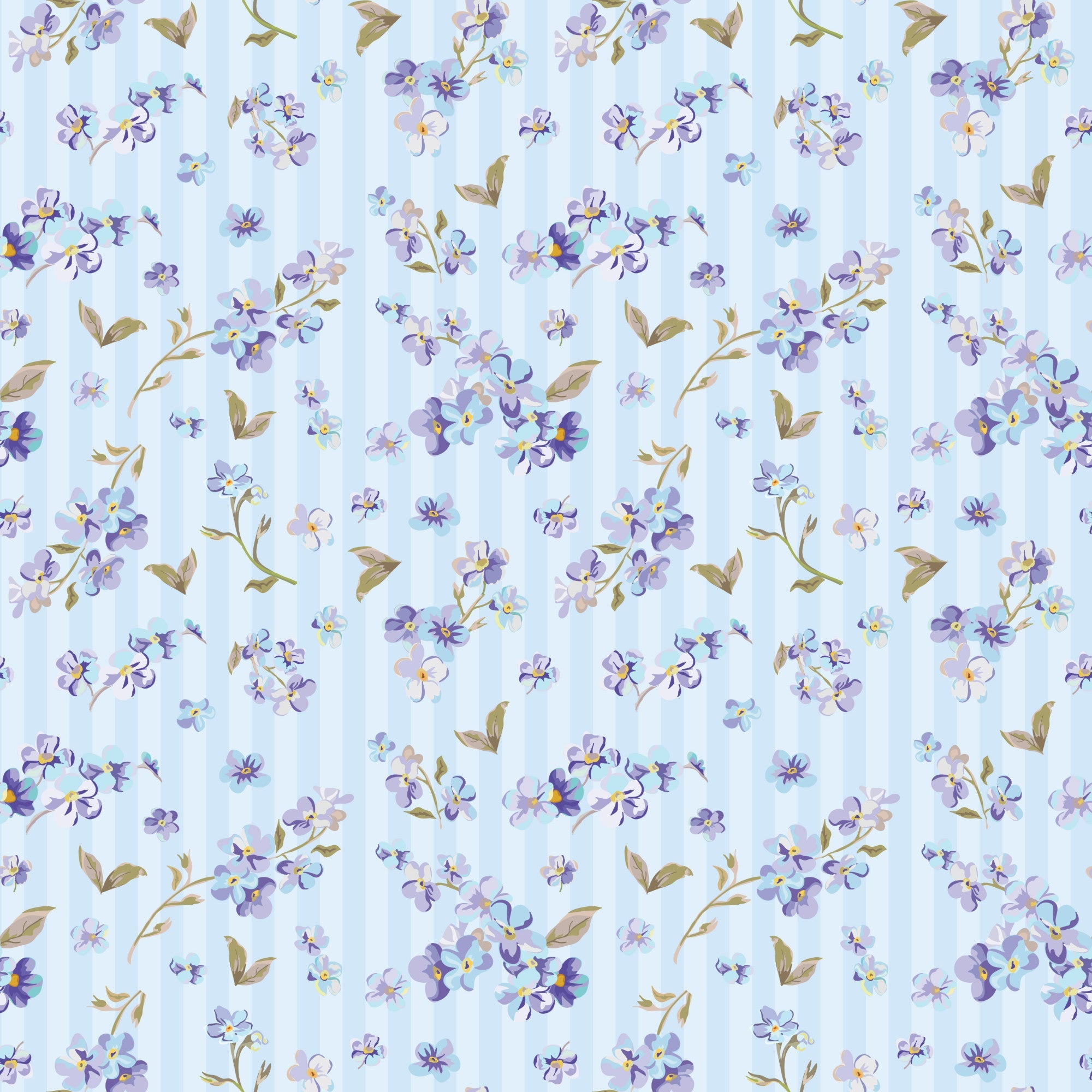 light blue, lavender, purple flowers, golden leaves, floral pattern, small blooms, delicate petals, watercolor style, botanical design, repeating motif, soft pastels, vintage florals,, fabric panel, spring garden, feminine design, scattered flowers, nature inspired, crafting material