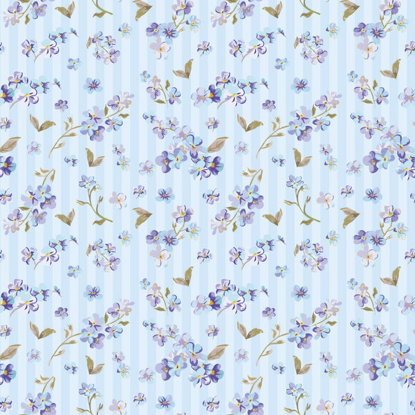 light blue, lavender, purple flowers, golden leaves, floral pattern, small blooms, delicate petals, watercolor style, botanical design, repeating motif, soft pastels, vintage florals,, fabric panel, spring garden, feminine design, scattered flowers, nature inspired, crafting material