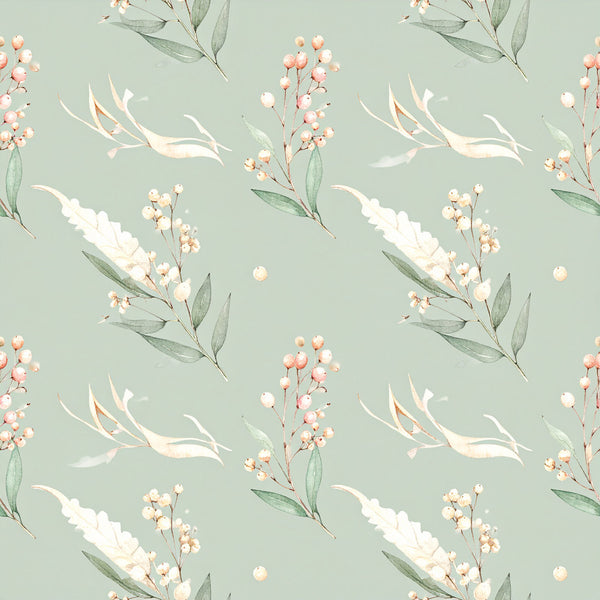 sage green, soft pink, cream, peachy pink, botanical, floral, delicate flowers, nature, elegant, whimsical, romantic, spring, berries, leaves, feathers, soft aesthetic, vintage, botanical print, gentle, pastel, baby girl, nursery, calming, watercolor style, wildflowers, garden theme, soft botanical, dreamy, gentle florals