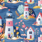 navy blue, coral pink, yellow, mint green, white, lighthouses, coastal scene, whimsical flowers, tropical plants, pineapples, small houses, wavy water, repeating pattern,, fabric panel, seaside theme, springtime motif, cheerful illustration, modern folk art, maritime elements