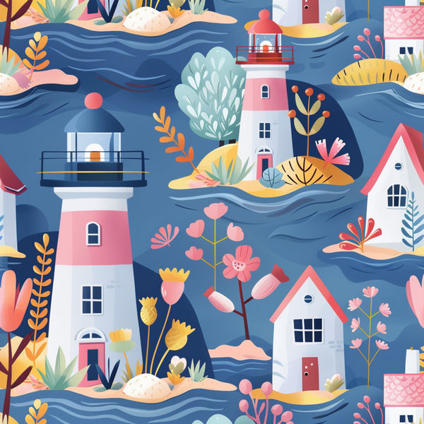 navy blue, coral pink, yellow, mint green, white, lighthouses, coastal scene, whimsical flowers, tropical plants, pineapples, small houses, wavy water, repeating pattern,, fabric panel, seaside theme, springtime motif, cheerful illustration, modern folk art, maritime elements