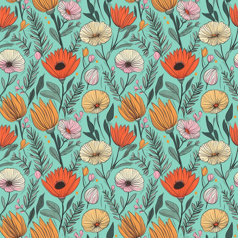 turquoise background, coral red flowers, cream colored flowers, pink flowers, orange flowers, botanical, floral pattern, nature themed, whimsical style, modern floral, spring flowers, summer garden, poppy flowers, daisy flowers, green leaves, foliage, hand drawn style, colorful flowers, bright and cheerful, garden theme, nursery decor, kids room, playroom, bohemian style, folk art inspired, retro modern, feminine design