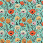 turquoise background, coral red flowers, cream colored flowers, pink flowers, orange flowers, botanical, floral pattern, nature themed, whimsical style, modern floral, spring flowers, summer garden, poppy flowers, daisy flowers, green leaves, foliage, hand drawn style, colorful flowers, bright and cheerful, garden theme, nursery decor, kids room, playroom, bohemian style, folk art inspired, retro modern, feminine design