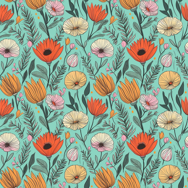 turquoise background, coral red flowers, cream colored flowers, pink flowers, orange flowers, botanical, floral pattern, nature themed, whimsical style, modern floral, spring flowers, summer garden, poppy flowers, daisy flowers, green leaves, foliage, hand drawn style, colorful flowers, bright and cheerful, garden theme, nursery decor, kids room, playroom, bohemian style, folk art inspired, retro modern, feminine design