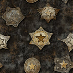 sheriff badges, western stars, metallic gold, bronze tones, weathered metal, law enforcement, six-pointed stars, vintage badges, distressed texture,, fabric panel, rustic brown, antique brass, cowboy theme, old west, badge collection, star motifs, western nostalgia, aged patina