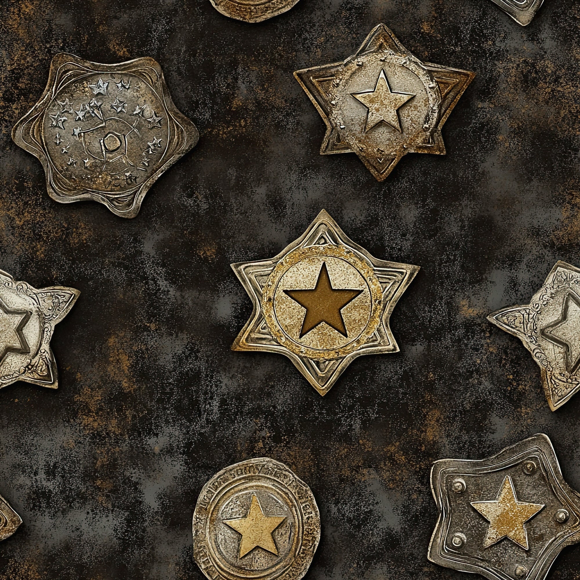 sheriff badges, western stars, metallic gold, bronze tones, weathered metal, law enforcement, six-pointed stars, vintage badges, distressed texture,, fabric panel, rustic brown, antique brass, cowboy theme, old west, badge collection, star motifs, western nostalgia, aged patina