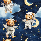 blue, navy blue, white, yellow, gold, teddy bears, astronaut bears, space suits, helmets, moon, crescent moon, stars, clouds, space theme, night sky, cute animals, whimsical, dreamy,, fabric panel, nursery theme, baby boy, celestial, floating bears