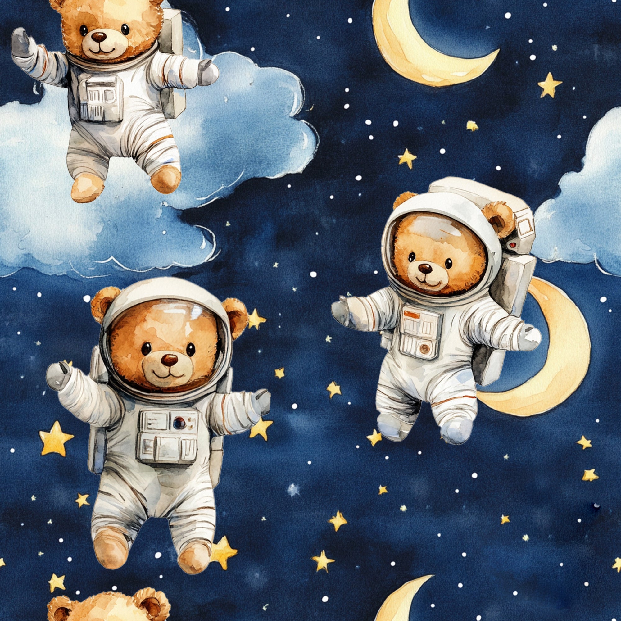 blue, navy blue, white, yellow, gold, teddy bears, astronaut bears, space suits, helmets, moon, crescent moon, stars, clouds, space theme, night sky, cute animals, whimsical, dreamy,, fabric panel, nursery theme, baby boy, celestial, floating bears