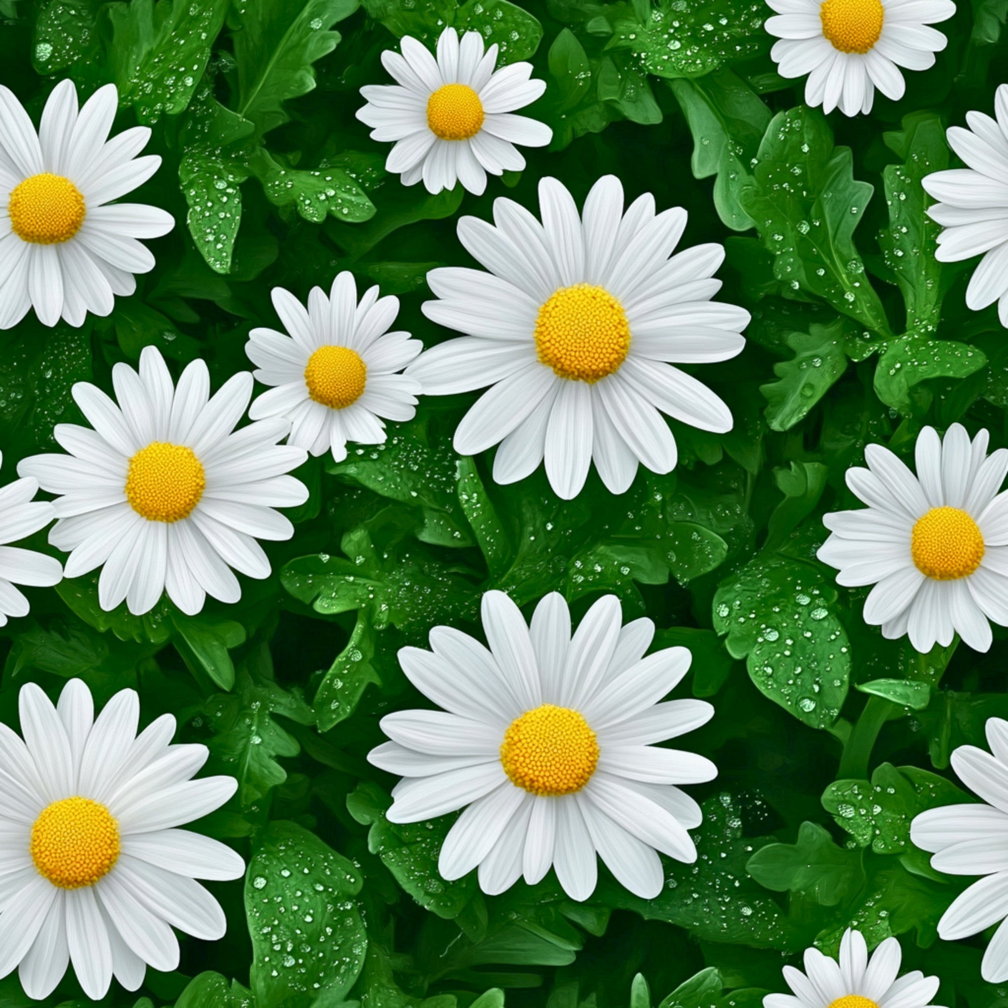 white daisies, yellow centers, green leaves, water droplets, floral pattern, realistic flowers, spring theme, nature design,, fabric panel, botanical print, fresh appearance, meadow flowers, garden scene, vibrant green, bright white, sunny yellow, seamless repeat, natural beauty
