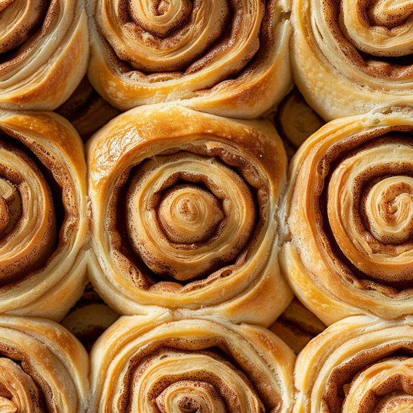 golden brown, cinnamon rolls, pastries, spiral design, baked goods, food pattern, warm tones, amber, caramel colors, swirl motifs, breakfast theme, sweet treats, realistic style,, fabric panel, bakery items, dessert pattern, layered texture, cozy mood, delicious food
