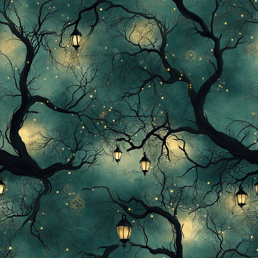 teal, forest green, deep green, gold, cream, yellow, celestial, night sky, stars, trees, branches, lanterns, whimsical, magical, fantasy, enchanted forest, moon, glowing lights, nighttime, dark academia, gothic, elegant, dreamy, mystical, nature, woodland, autumn, winter, cozy, moody