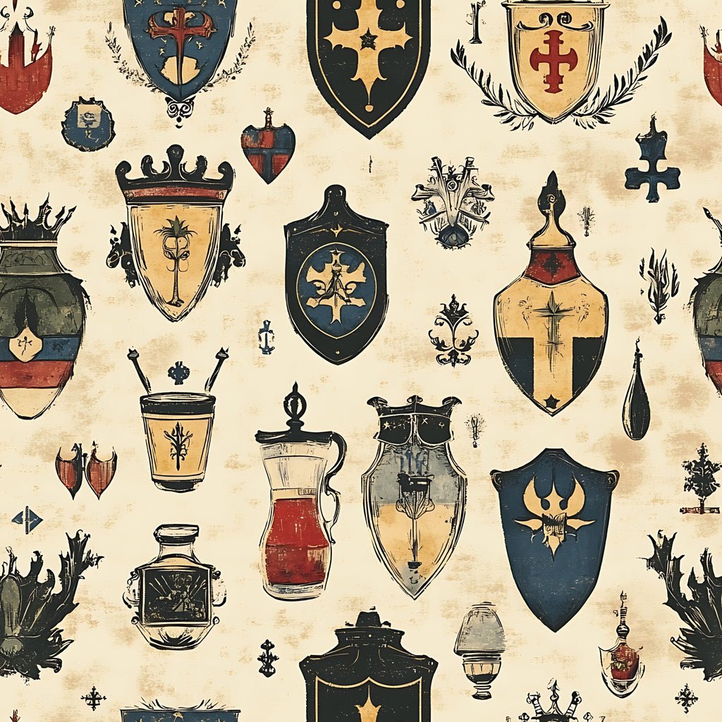 medieval heraldry, coat of arms, shields, banners, crowns, crosses, fleur de lis, vessels, pitchers, urns, blue, red, gold, beige, cream, black, vintage style, antiqued finish, german motifs,, fabric panel, rustic aesthetic, weathered appearance