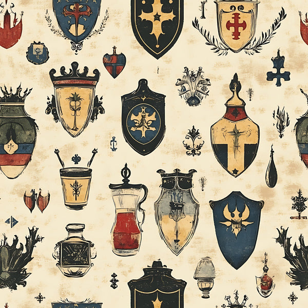 medieval heraldry, coat of arms, shields, banners, crowns, crosses, fleur de lis, vessels, pitchers, urns, blue, red, gold, beige, cream, black, vintage style, antiqued finish, german motifs,, fabric panel, rustic aesthetic, weathered appearance