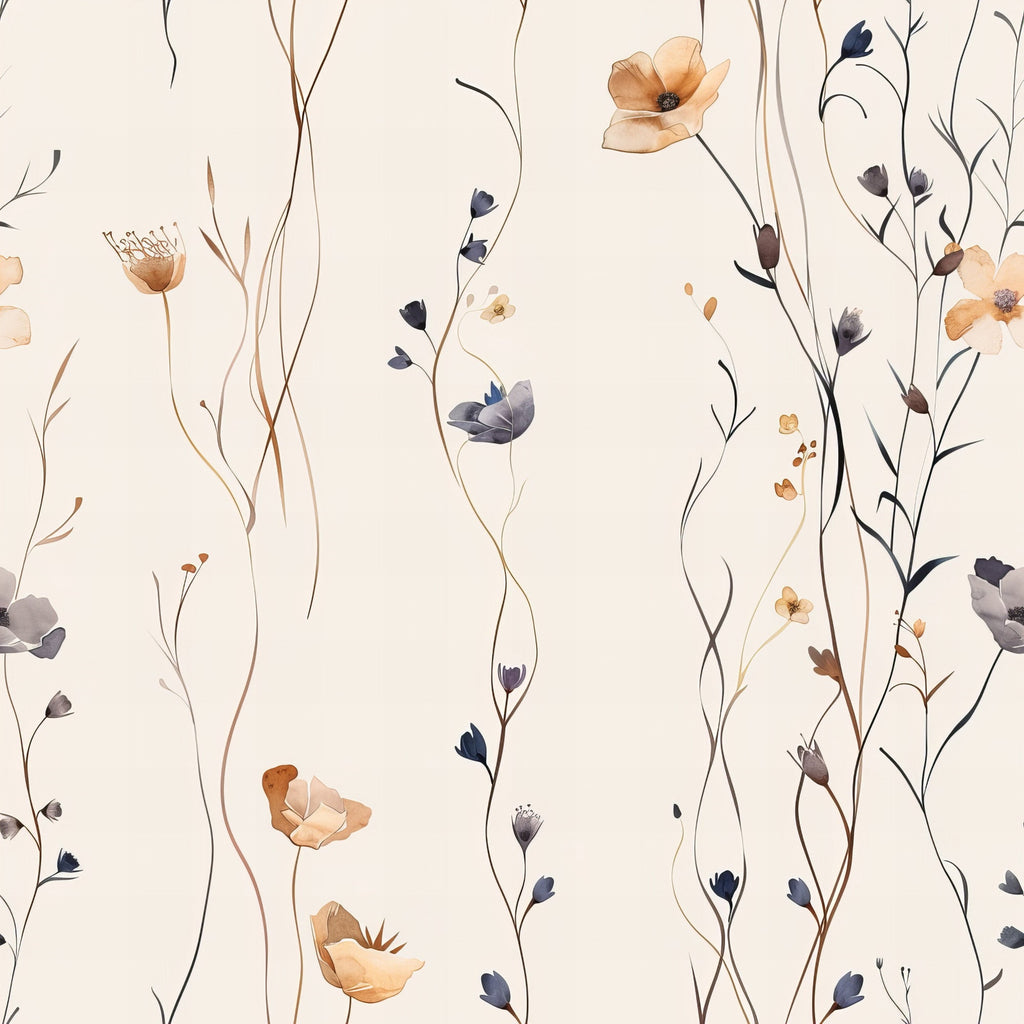 handdrawn wildflowers, meadow flowers, botanical pattern, delicate stems, soft beige background, peach blossoms, navy blue buds, brown seedpods, watercolor style, organic florals,, fabric panel, natural elements, scattered blooms, flowing vines, earthy tones, whimsical illustration, spring meadow, gentle pastels