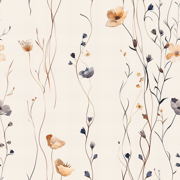 handdrawn wildflowers, meadow flowers, botanical pattern, delicate stems, soft beige background, peach blossoms, navy blue buds, brown seedpods, watercolor style, organic florals,, fabric panel, natural elements, scattered blooms, flowing vines, earthy tones, whimsical illustration, spring meadow, gentle pastels