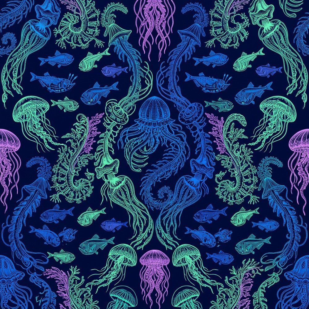navy blue, neon green, cyan blue, hot pink, purple, aqua, electric lime, deep blue, fluorescent, bioluminescent, ocean theme, underwater, marine life, nautical, jellyfish, fish, seaweed, coral, sea plants, whimsical, modern, bohemian, psychedelic, neon glow, glow in the dark style, kids room, playroom, ocean creatures, deep sea, vibrant colors