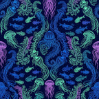 navy blue, neon green, cyan blue, hot pink, purple, aqua, electric lime, deep blue, fluorescent, bioluminescent, ocean theme, underwater, marine life, nautical, jellyfish, fish, seaweed, coral, sea plants, whimsical, modern, bohemian, psychedelic, neon glow, glow in the dark style, kids room, playroom, ocean creatures, deep sea, vibrant colors