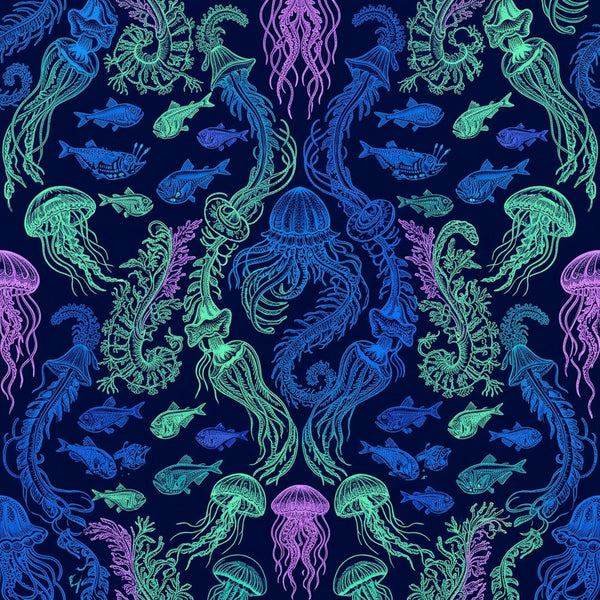 navy blue, neon green, cyan blue, hot pink, purple, aqua, electric lime, deep blue, fluorescent, bioluminescent, ocean theme, underwater, marine life, nautical, jellyfish, fish, seaweed, coral, sea plants, whimsical, modern, bohemian, psychedelic, neon glow, glow in the dark style, kids room, playroom, ocean creatures, deep sea, vibrant colors
