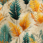 tropical leaves, autumn foliage, teal green, golden yellow, orange leaves, cream background, botanical pattern, palm fronds, textured appearance,, fabric panel, tropical motifs, fall colors, leaf design, nature inspired, warm tones, earthy palette, tropical autumn, botanical print, layered texture