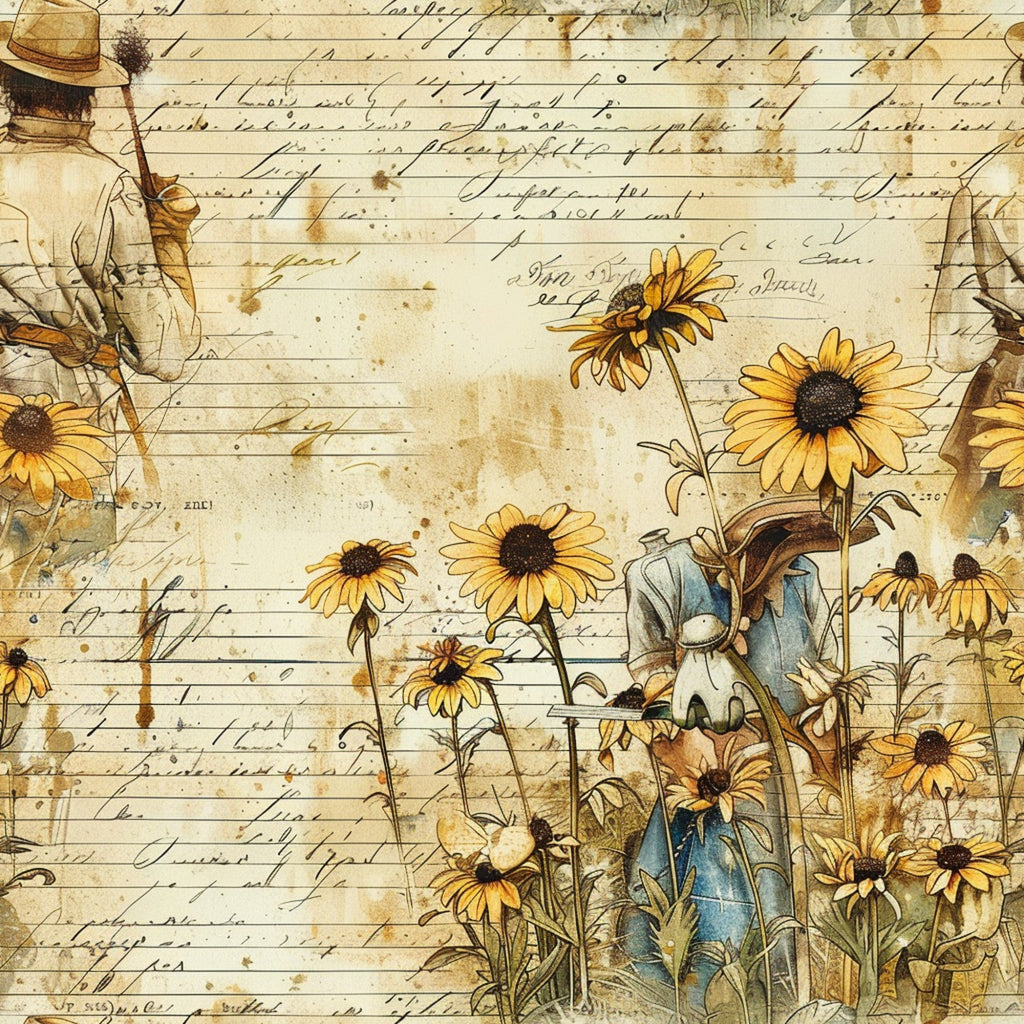 vintage letters, aged paper, yellow sunflowers, brown centers, rustic farmer, straw hat, watering can, blue overalls, handwritten script, sepia tones, botanical illustration, country living,, fabric panel, weathered texture, golden petals, garden scene, farmhouse style, antique manuscript, floral motifs