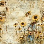 vintage letters, aged paper, yellow sunflowers, brown centers, rustic farmer, straw hat, watering can, blue overalls, handwritten script, sepia tones, botanical illustration, country living,, fabric panel, weathered texture, golden petals, garden scene, farmhouse style, antique manuscript, floral motifs